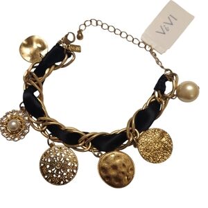 NWT ViVl Women's Black and Goldtone Medallion Rope Bracelet